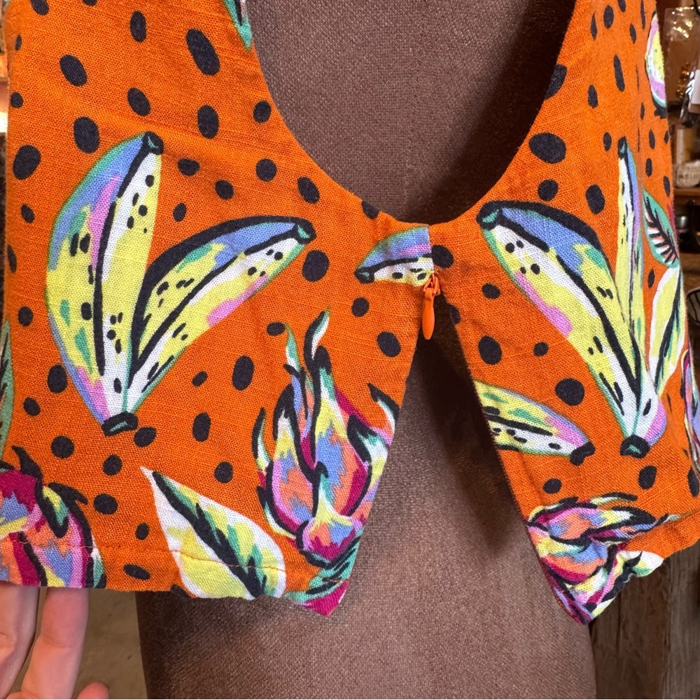 SOLD Tropical Orange Linen blend Floral Crop Top Large - Picture 5 of 12